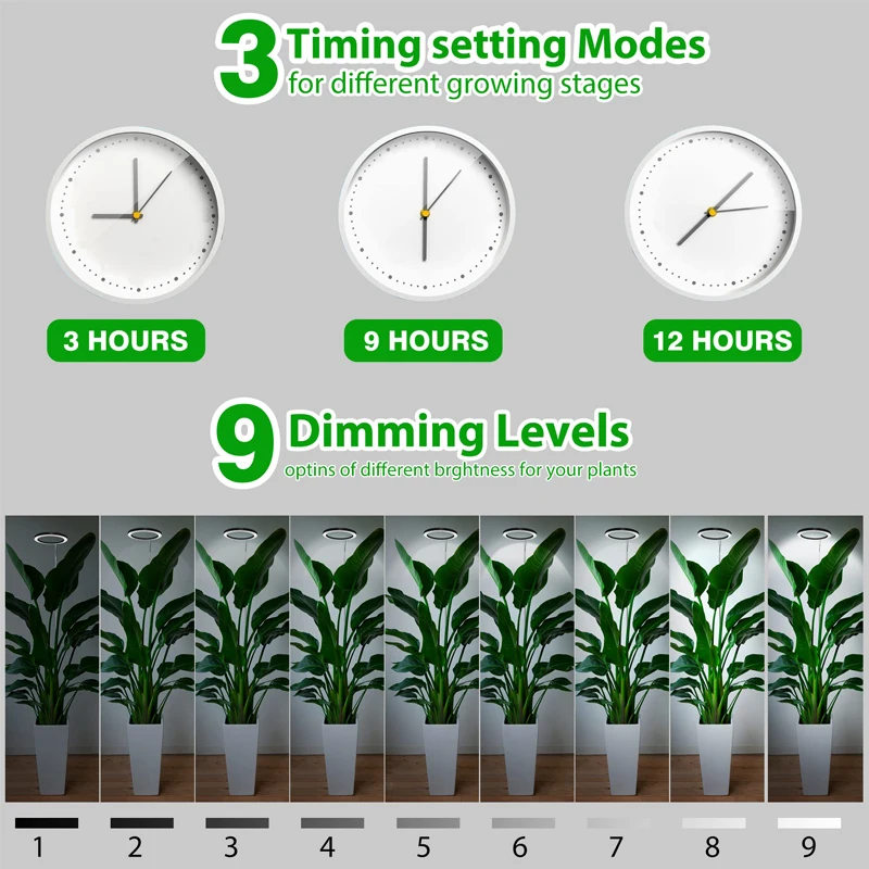 실내 식물용 성장 조명, 전체 스펙트럼 및 적색 청색 스펙트럼, 타이머 포함, 높이 조절 가능, 조광 가능