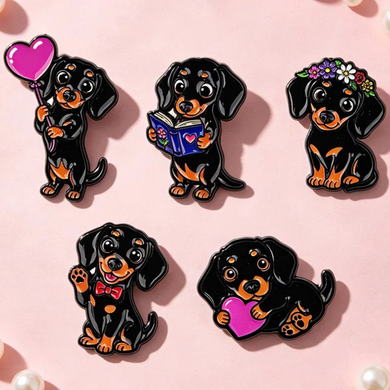 5pcs Cute Dachshund Enamel Pin Set Heart Flower Book Bow Dog Cartoon Brooch Backpack Hat Clothes Accessory Animal Lovers Gifts - view 5