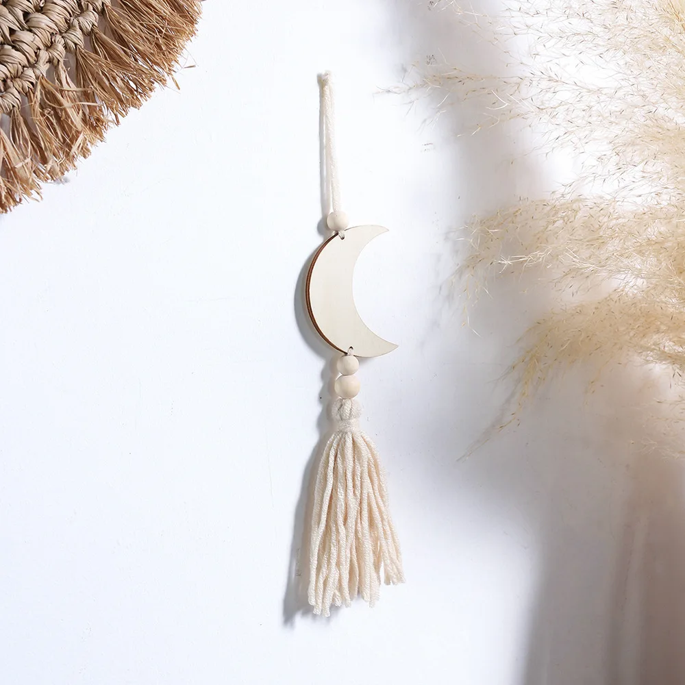 

Handmade Chips Cotton Thread Weaving Star Moon Tassel Wooden Beads Home Bedroom Pendant Hanging Decorations