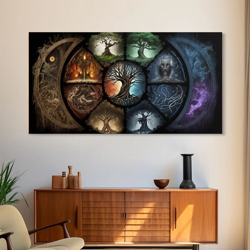 The Interconnected 9 Realms of Norse Mythology with Yggdrasil, Nordic Art Posters Prints Wall Pictures Living Room Home Decor