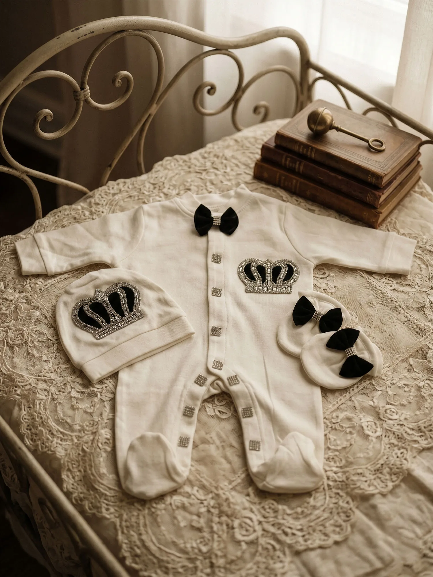 Newborn Rhinestone Crown Footed Romper 3pcs Black White Satin Bow Tie Luxury Outfit Custom Name Baby Photo Shoot Clothes - view 5
