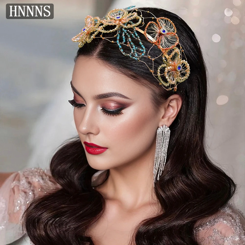 

HNNNS Handmade Flower Leaves Headband Champagne Crystal Headdress Metal Braided Headpiece Gentle Elegant Hair Accessories A217