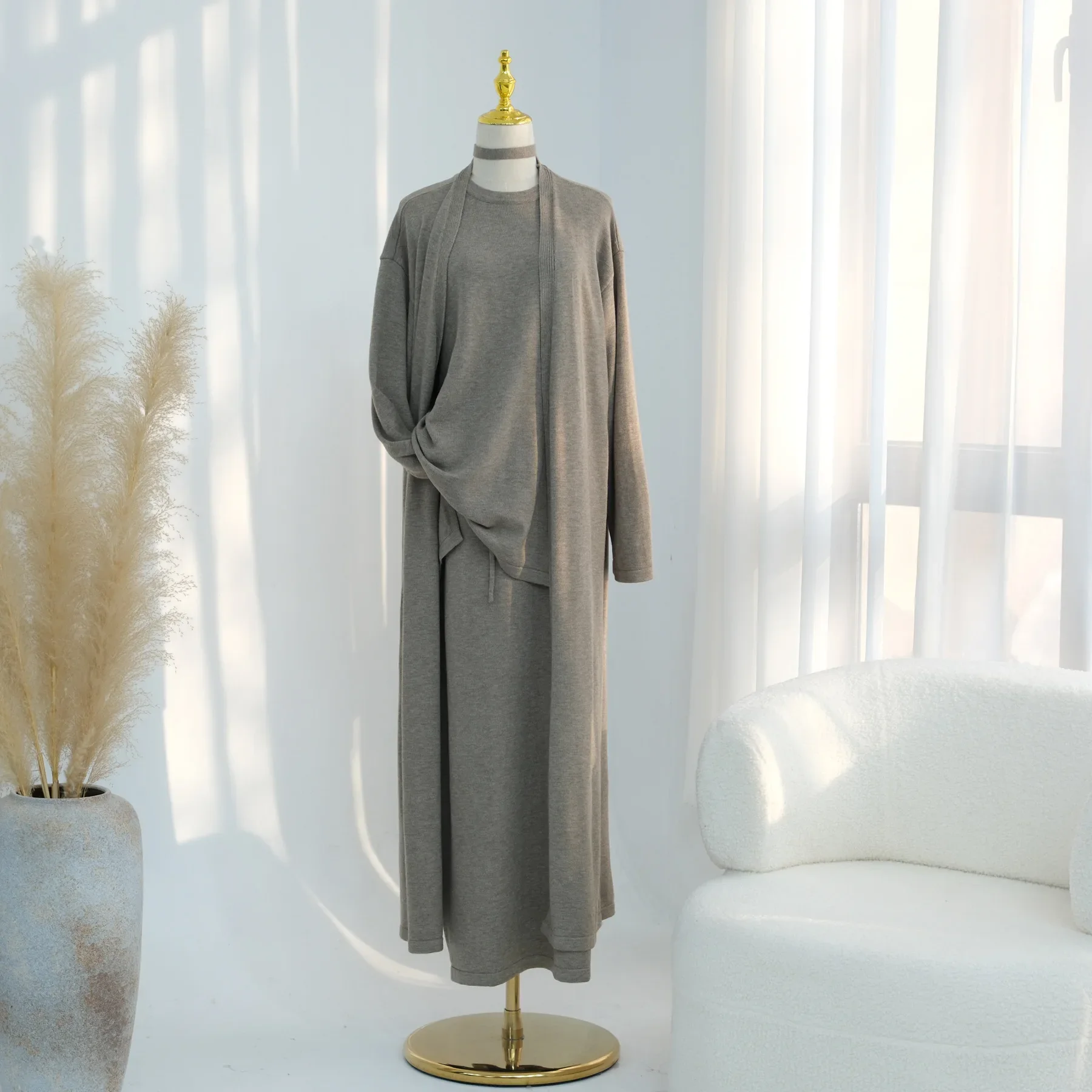 3 Piece Winter Abaya Muslim Woman Set Thick Knitted Loose Sweater Top and Skirt Sets Dubai Islam Outfit Ramadan Eid Ensembles