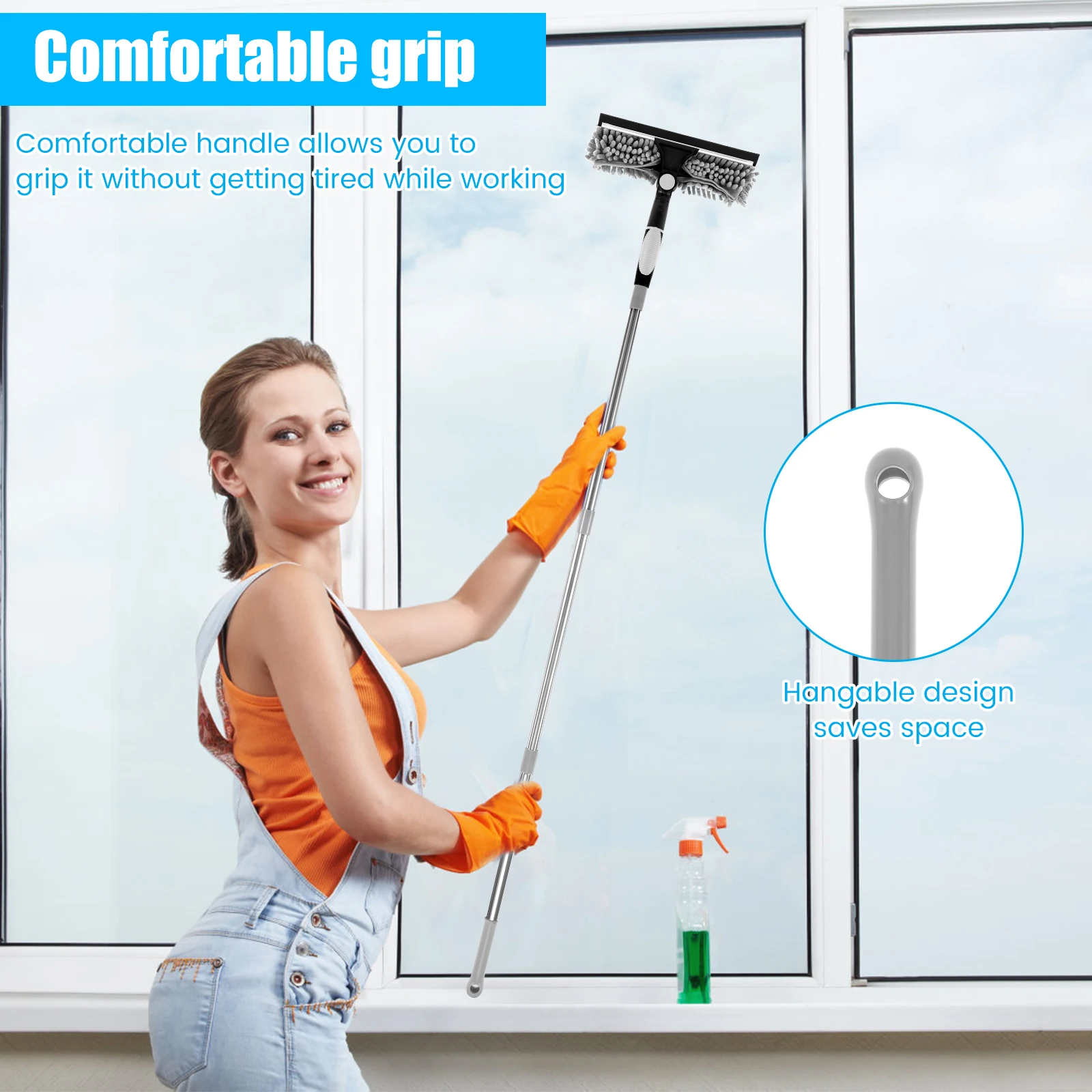 2 in 1 Window Cleaning Tools 190cm Extended Glass Cleaner Mop with Silicone Squeegee for Window Car Shower Glass Door Mirror