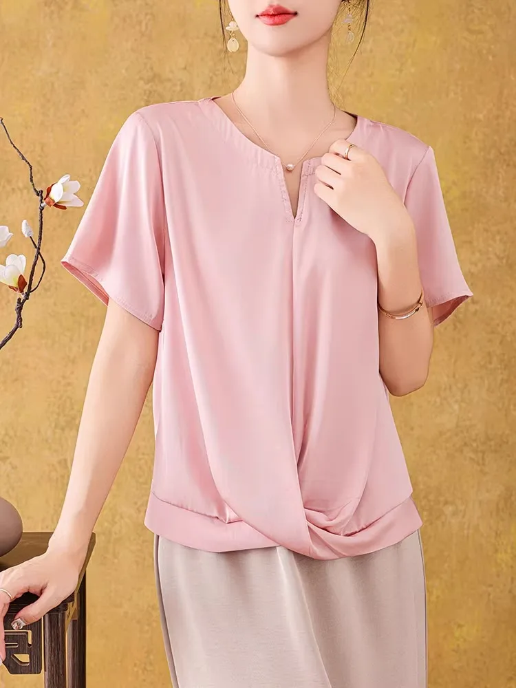 الصيف خلات الساتان ort Sve تي شيرت المرأة Faionable f Sve قاعدة لون نقي فضفاض ملابس خارجية
