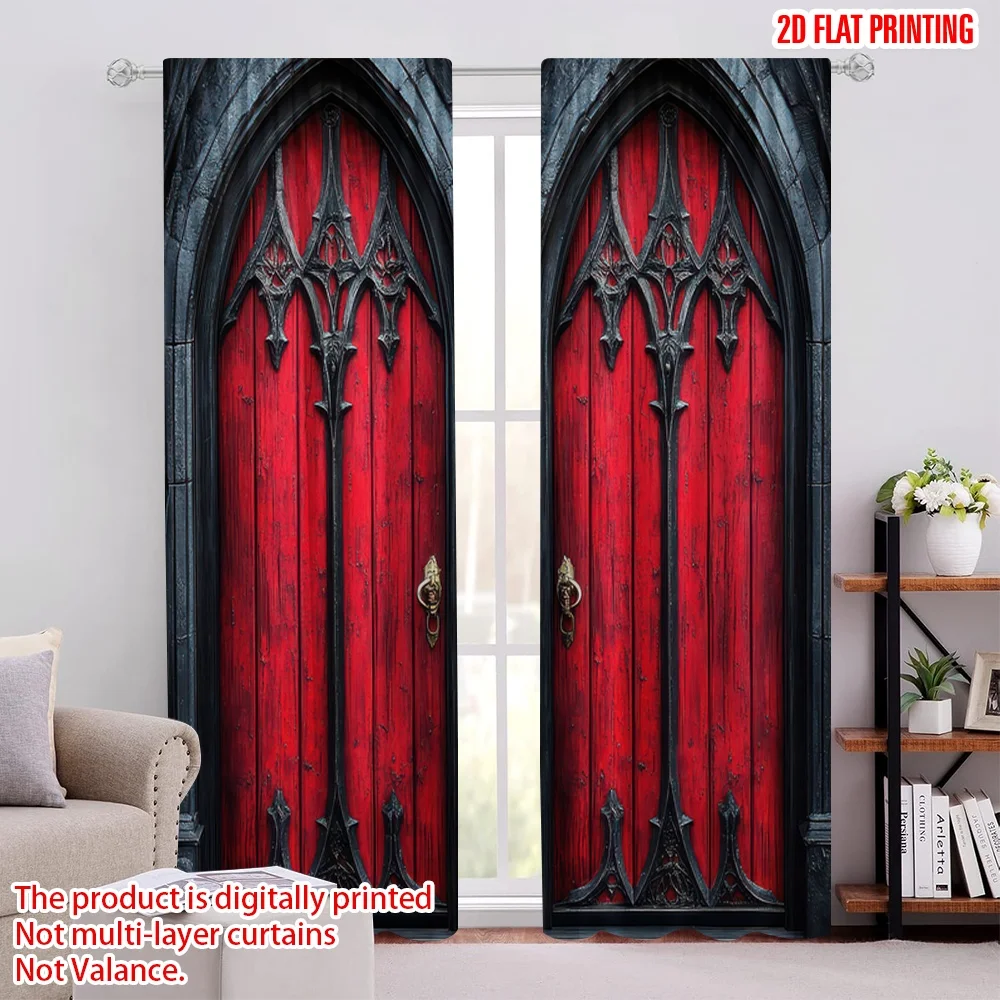 2D flat printing 2pcs Drapes Gothic Doors Red (8) Versatile 100% Polyester,Without Electricity Festive Backdrops Applies to