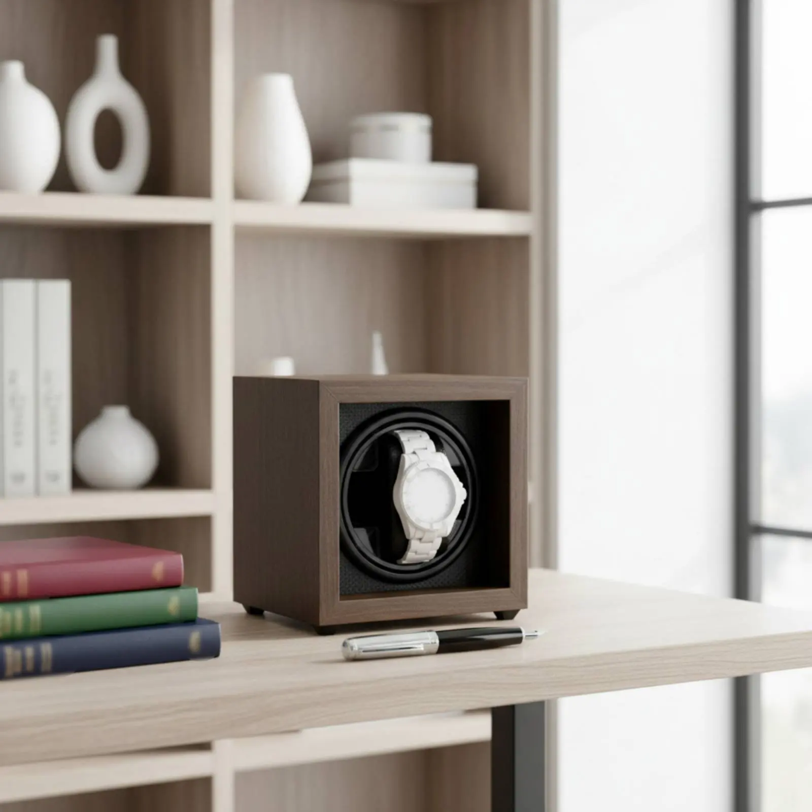 Walnut Wood Watch Winder Two-Way Rotation Automatic Watch Winder Timepiece Storage 5 Speed Settings Blue Lighting Lighting