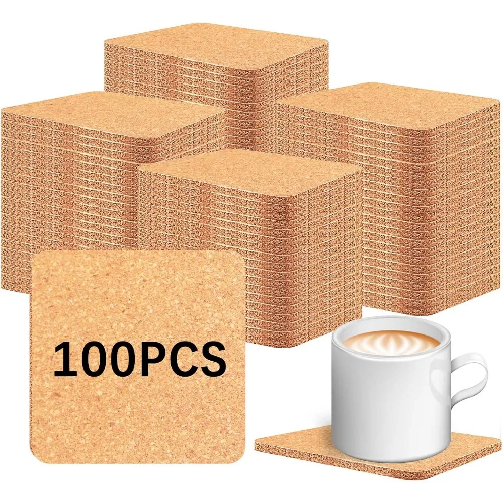 

100 PCS Cork Coasters Bulk, Blank Square Cork Coasters DIY Crafts, Non-Slip Heat-Resistant Reusable Coffee Coaster, Suitable for