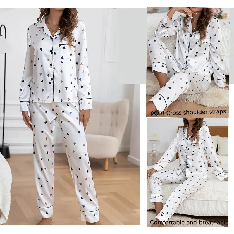 Elegant Heart Printed Sexy Pajama Set Long Sleeve Top and Elastic Waistband Pants Simple Fashion Casual Comfortable Pajama Set