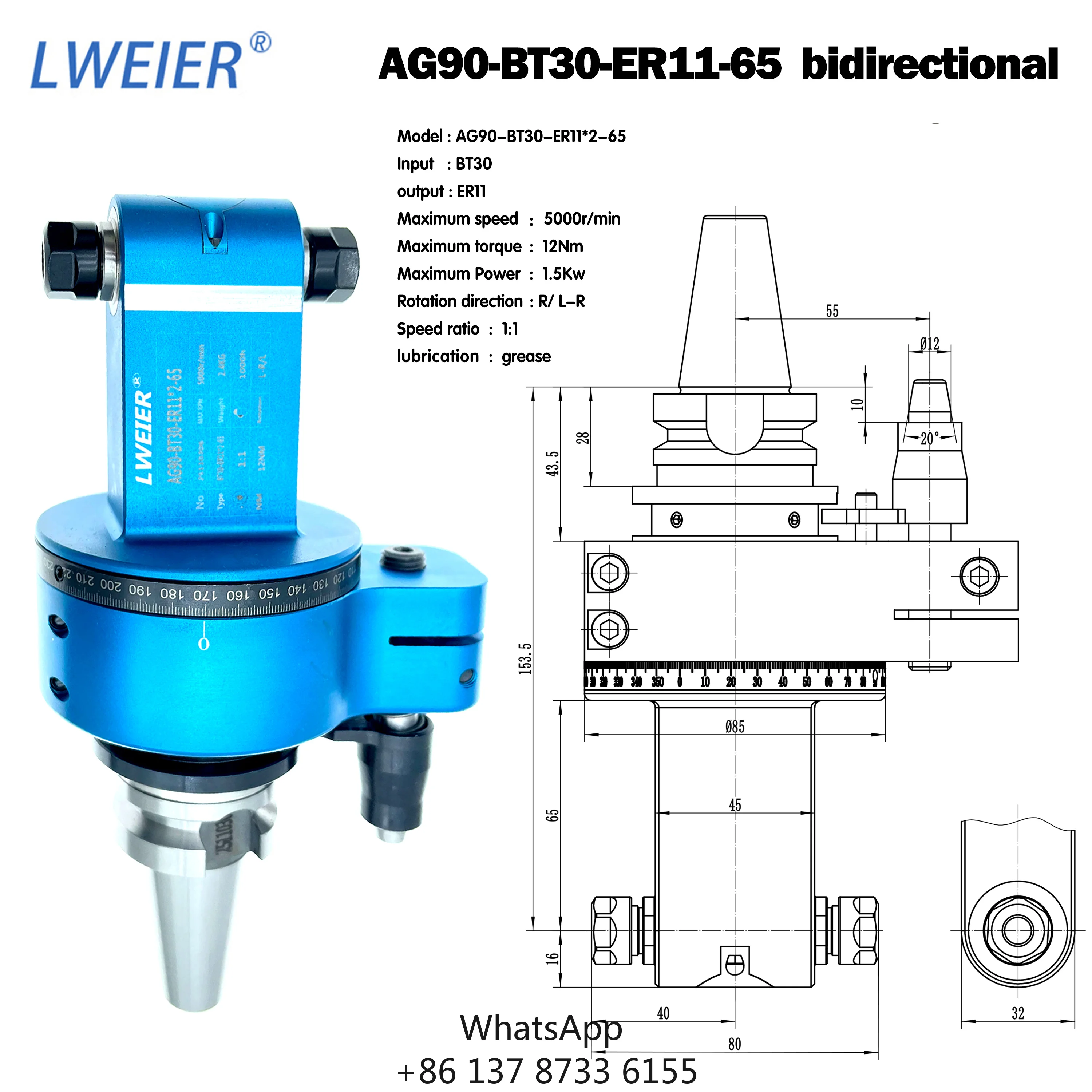 Hot Selling CNC Machining Center BT40 BT30-ER11-65Bidirectional Transmission CAT ISO Side Milling Head Machine Tools Accessories