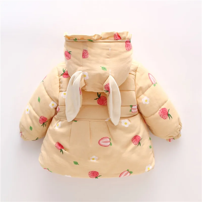 Winter girl cotton jacket cute rabbit ear hooded jacket sweet solid color small strawberry printed cotton jacket