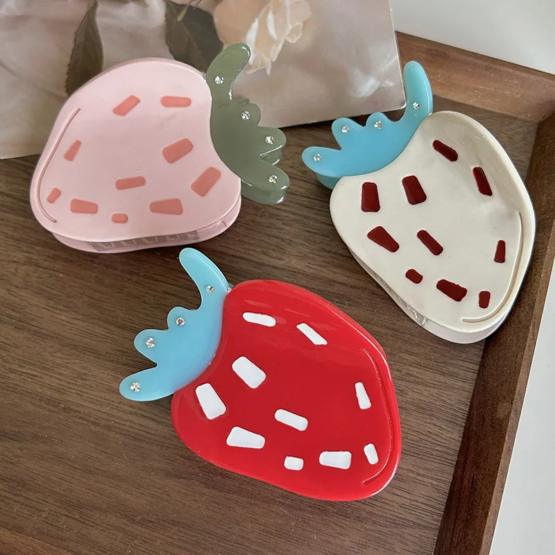 Cute Sweet Pink Red White Strawberry Fruits Hair Clip Claw For Women Girls New Acetate Big Hairpin Hair Accessories Tool