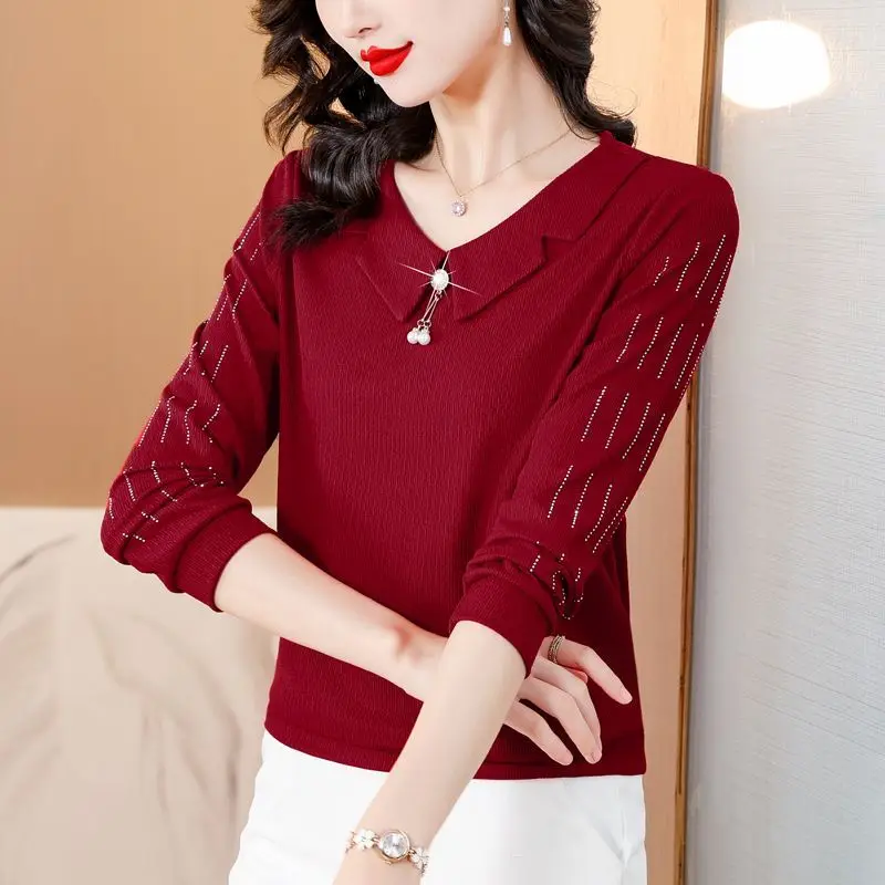 

Women's 2024 Summer New Pullover Turndown Collar Fashion Solid Color Rhinestone Casual Versatile Slimming Long Sleeved Tops