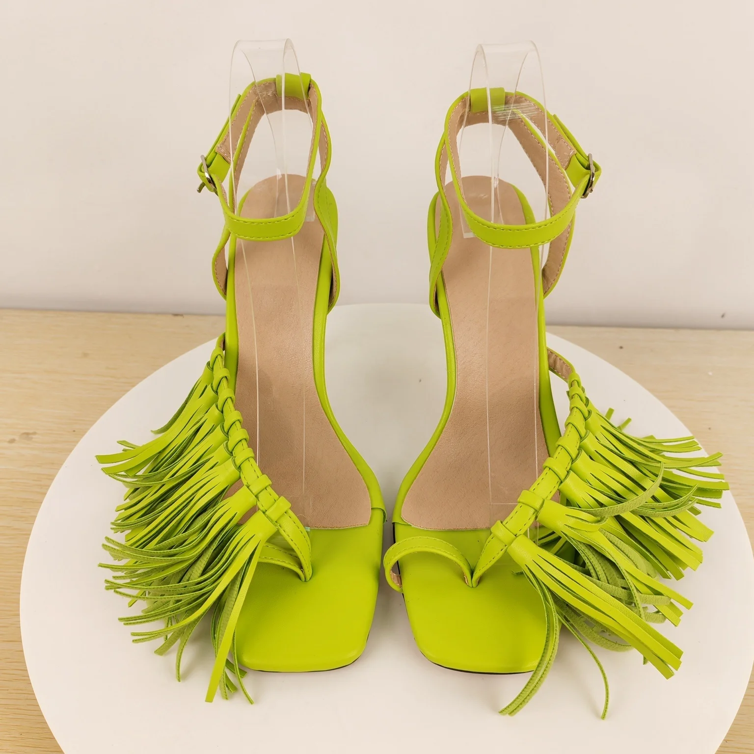 Women's Lime Green Suede Tassel Heeled Sandals Square Open Toe with Ankle Strap Stiletto Heel for Summer Vacations Beach Days view 2