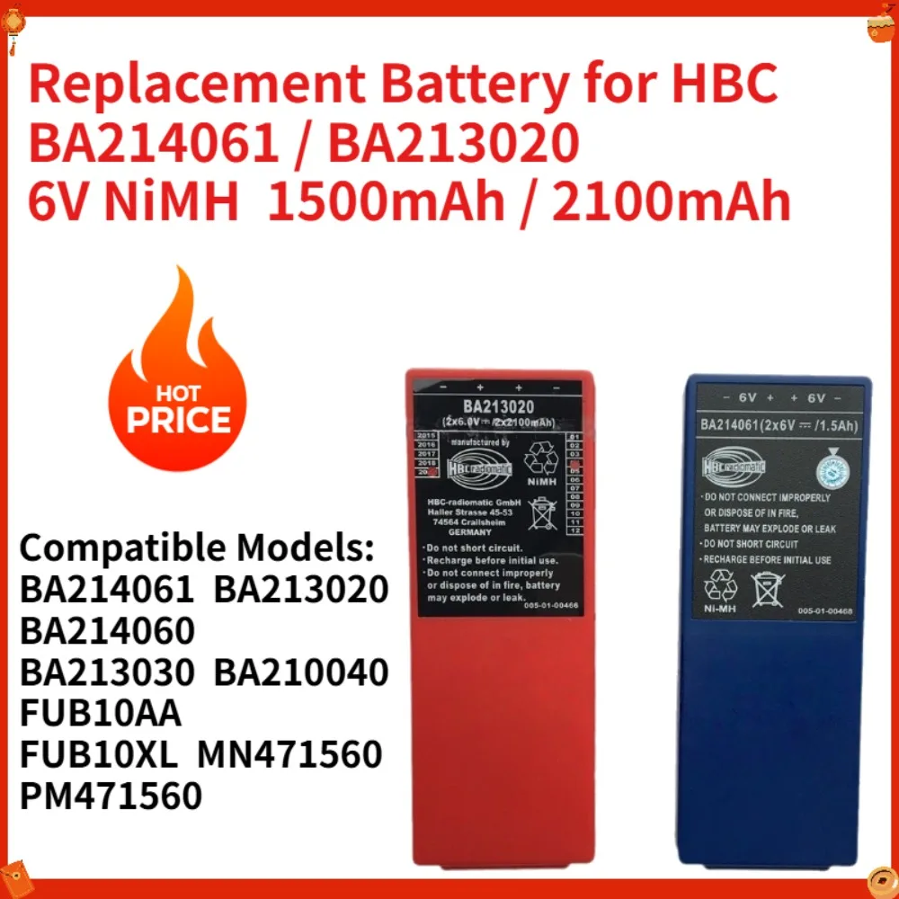 Replacement 6V 1500mAh 2100mAh NiMH Battery for HBC BA214061 BA213020 Pump Truck Shield Tunnel Remote Control