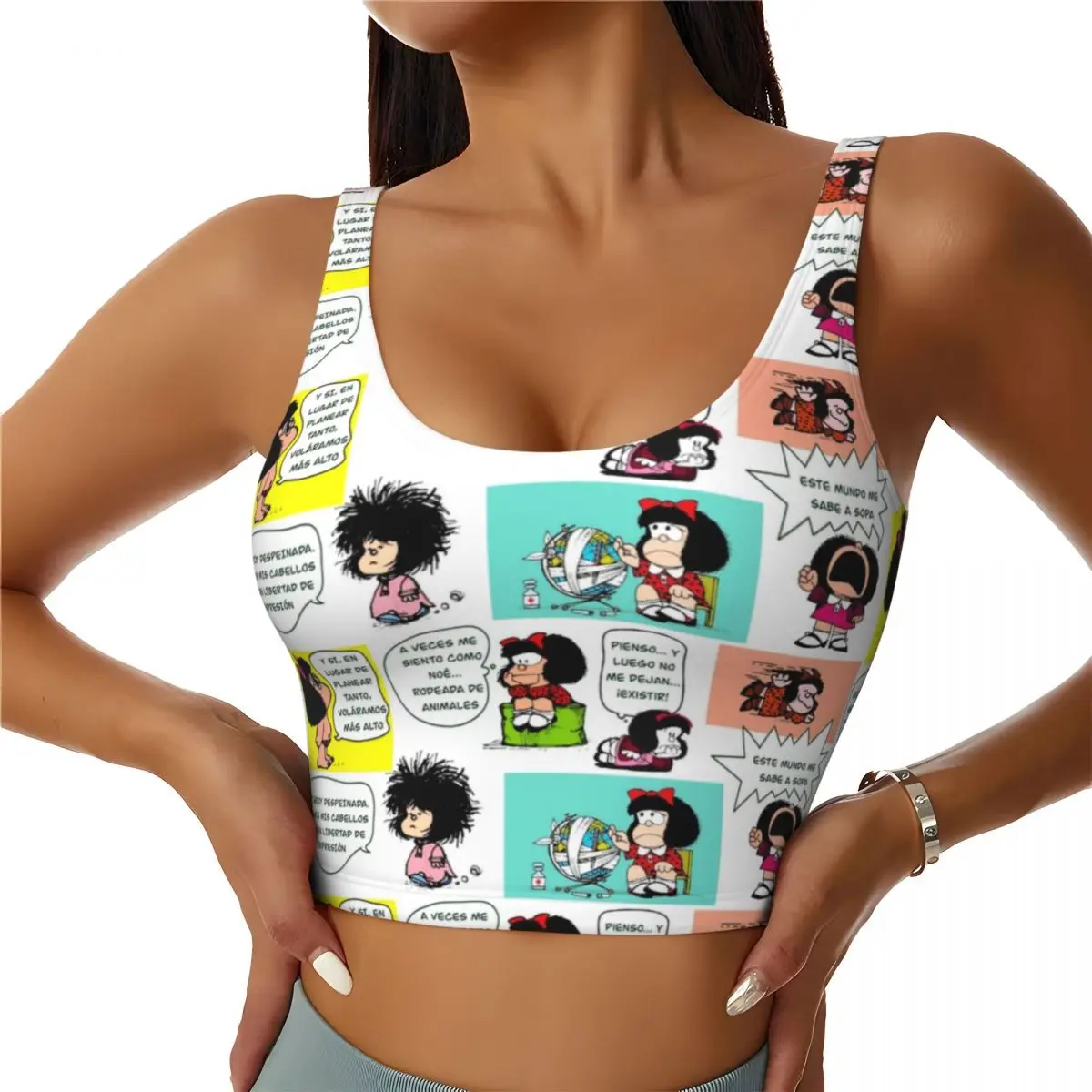 Custom Manga Quino Mafalda Workout Crop Tank Tops Women Kawaii Cartoon Yoga Sports Bras