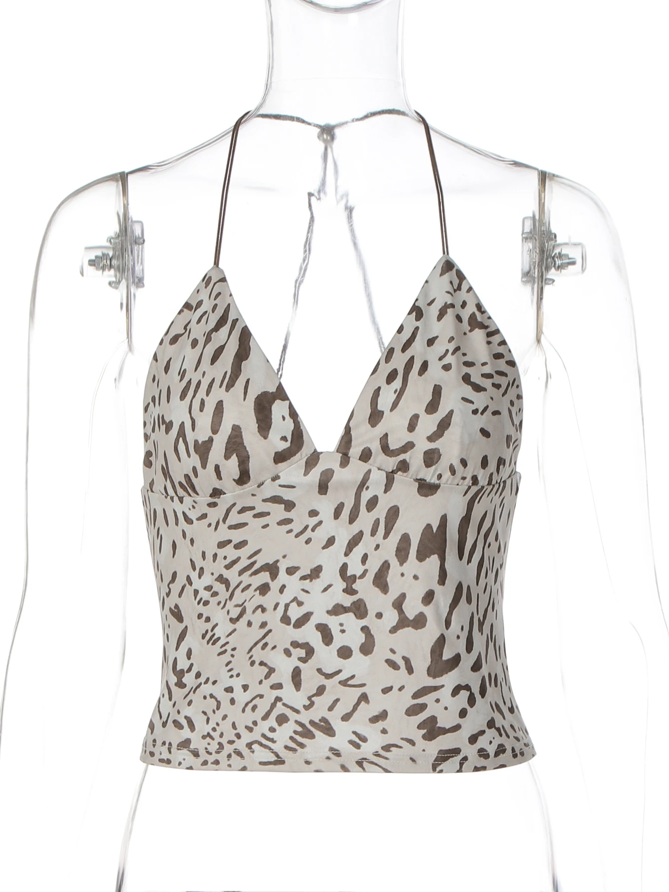 Hugcitar Leopard Print Halter Backless Sexy Slim Crop Camis Top Spring Summer Fashion Female Clothes Streetwear Vacation Club