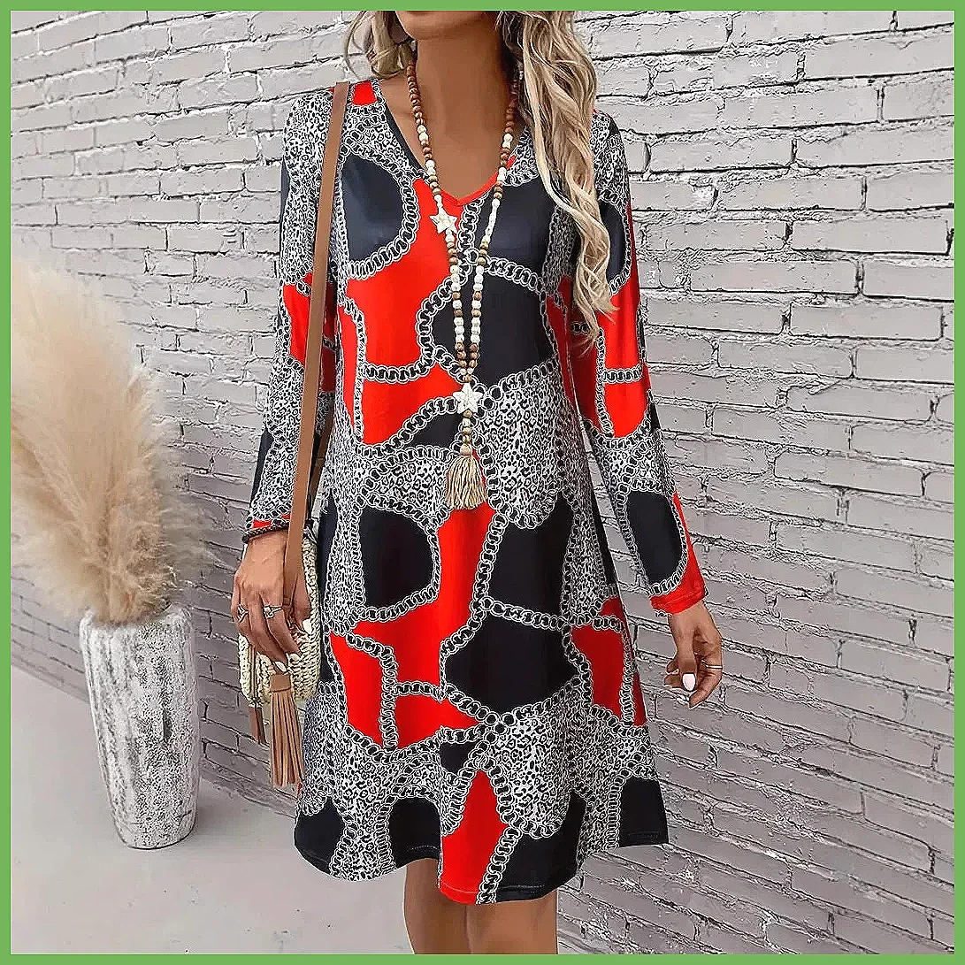 Abito a trapezio con stampa floreale e scollo a V da donna 2025, elegante per feste e serate in stile bohémien