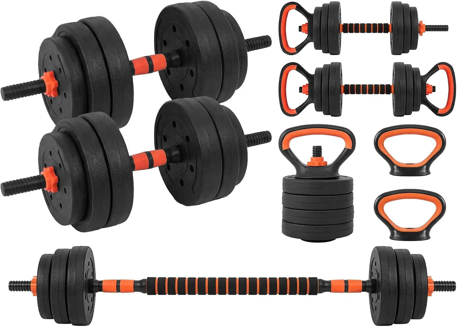 4-in-1 Round Adjustable Dumbbell Set, 45/70/90 lbs, Includes Kettlebell and Barbell