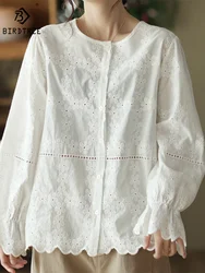 New Autumn Cotton Shirts Women Round Collar Tops Girl Long Sleeve Floral Embroidery Hollow Out Casual Blouses Spring T30409QM