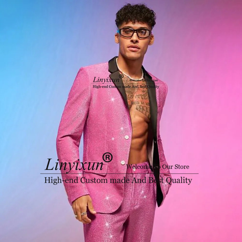 Hot Pink Sequins Men Suits Notched Lapel Groom Tuxedos 3 Pieces Sets Wedding Prom Blazers Pants Outfit Terno Masculino Completo