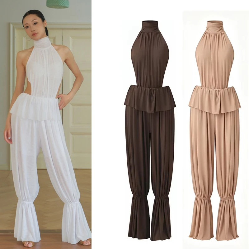 Women Halter High‑Neck Backless Latin Dance Outfit Set Ruffle Waist Flare Lantern Pants Professional Salsa Latin Ballroom Wear