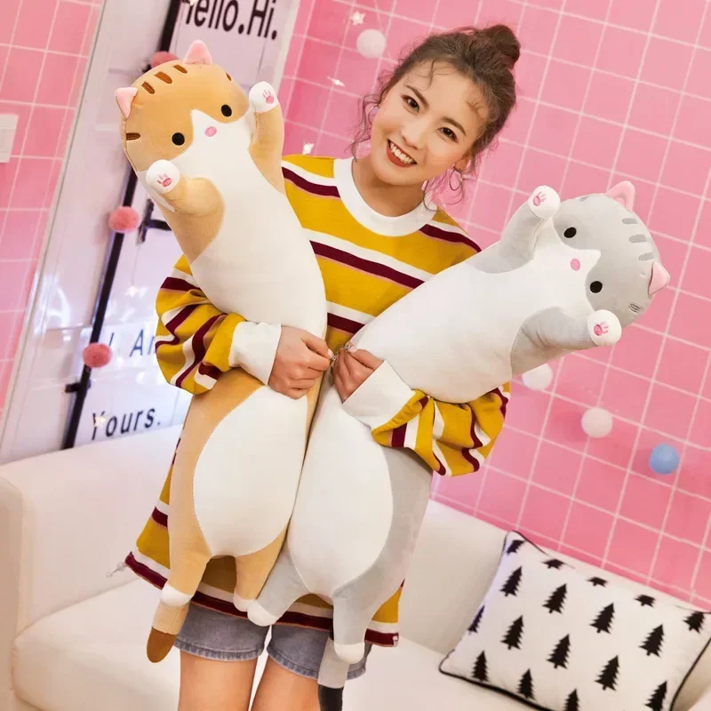 19.5in Cute 50cm Cat Plush Toy Long Pink Brown Grey Sleeping Cats Leg Pillow Squishy Little Animal Doll Appeasing Plushie Gift