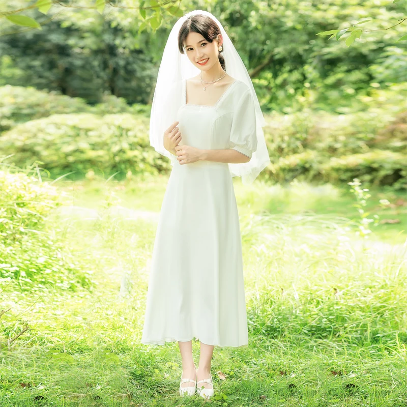 

Легкое свадебное платье Baiseoxian для фотосессий в лесу, в стиле ретро, простое, маленькое, для церемонии, с юбкой