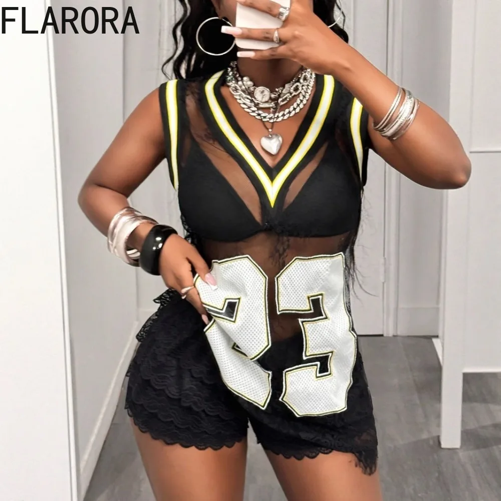 

FLARORA Sexy Mesh Patchwork Perspective Dress Woman Number Print Halter V Neck Sleeveless Dresses Summer Trend Y2k Streetwear