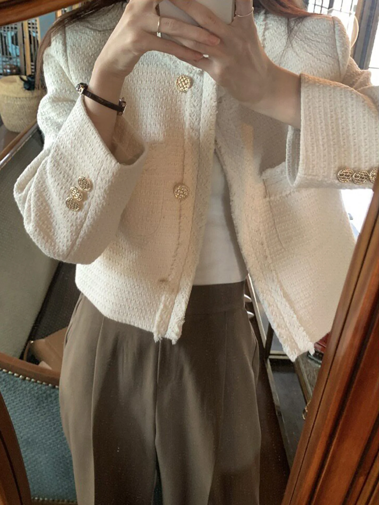 Korean Style Short Coat Women's Long Sleeve Tweed  Autumn High Fashion Small Size Top Luxury Feel Light Luxury Style