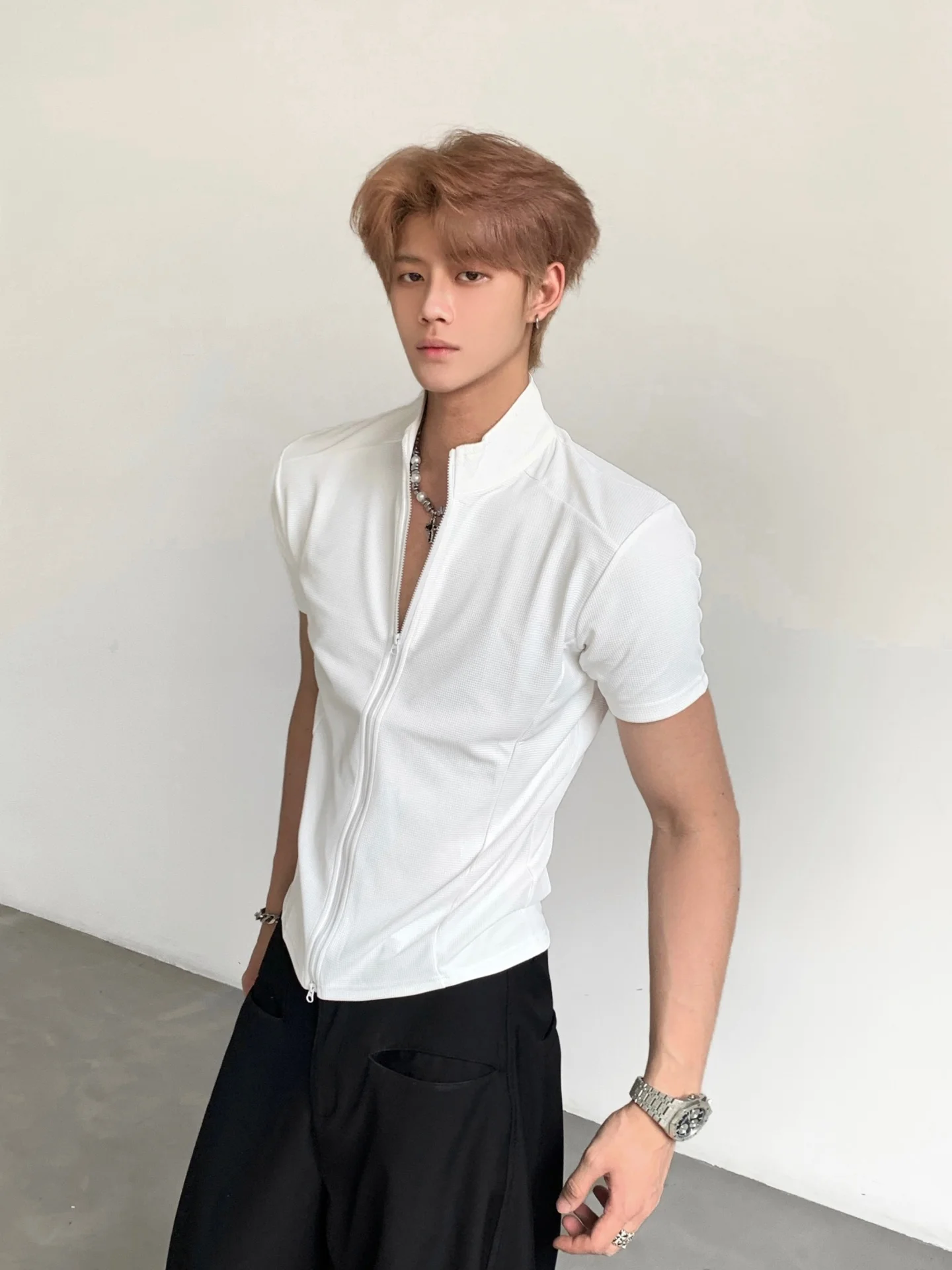 Ace Tailors Minimalist Style Zipper Functional Fitness Short Sleeve T-Shirt Men's Advanced Casual Slim Fit Top Breathable Swe...