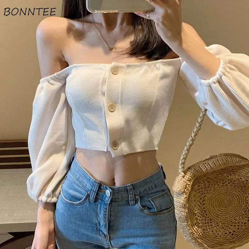 Women Shirt Solid Sexy Spicy Girls Slash Neck Off-shoulder Knitted All-match Trendy Korean Style Crop Tops Summer Streetwear