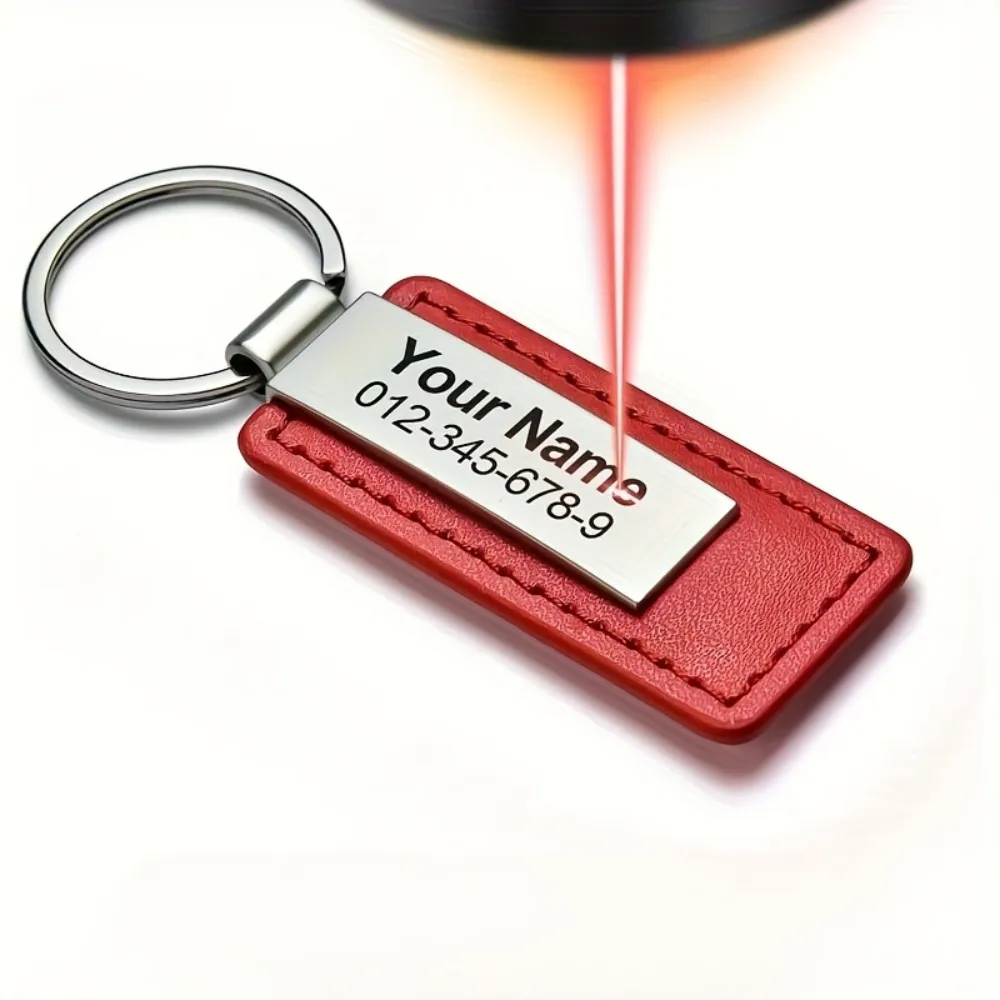 Personalisierter PU-Leder Schlüsselanhänger mit Edelstahl-ID-Tag - Anpassbarer Schlüsselanhänger mit Namen und Telefonnummer als Geschenk für Männer – Detail 2