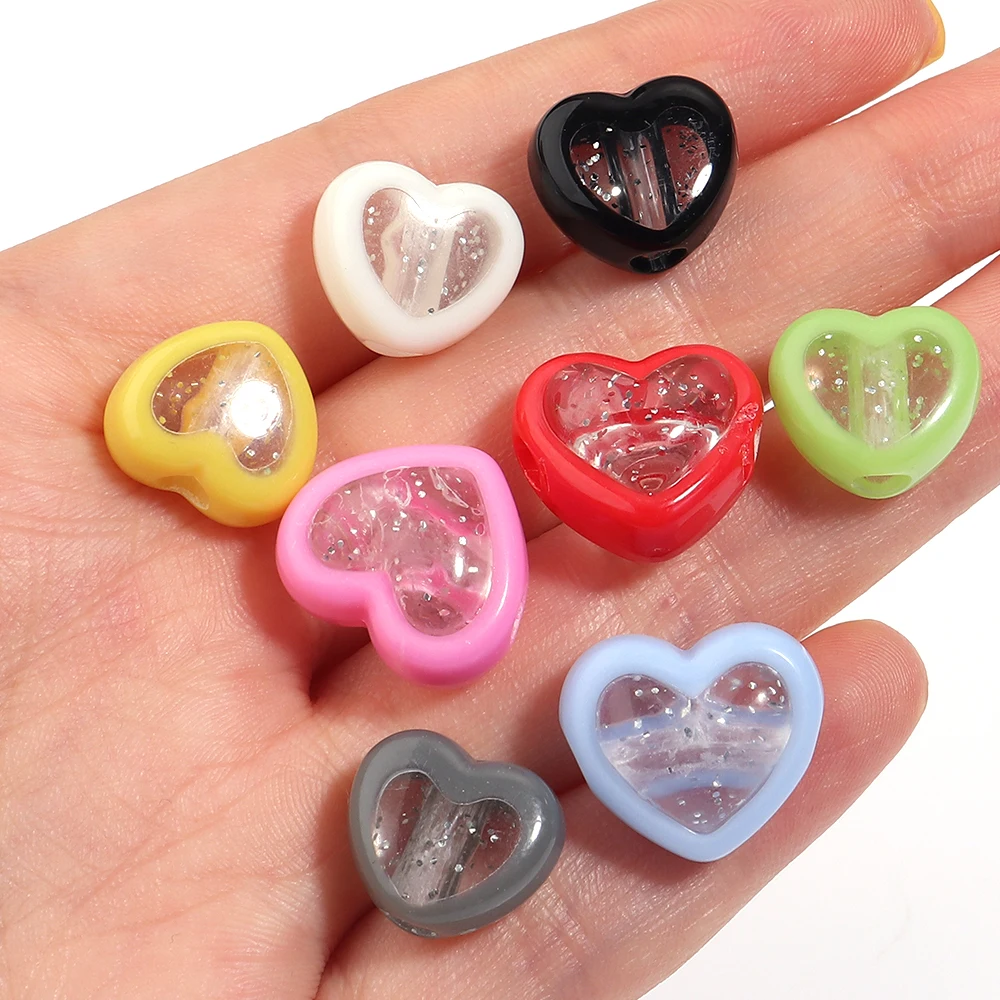 20pcs/lot Filled Glitter Powder Heart Acrylic Beads Mixed Color Loose Spacer Bead for DIY Necklace Bracelet Jewelry Making