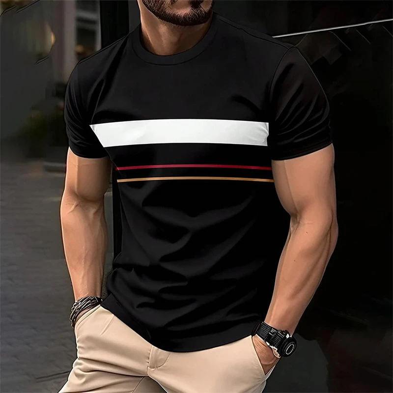 

Simple Fashion Stripe T Shirts For Men Summer Casual Short Sleeve 3D Printed T-shirt Loose Crew Neck Breathable Pullovers Tops