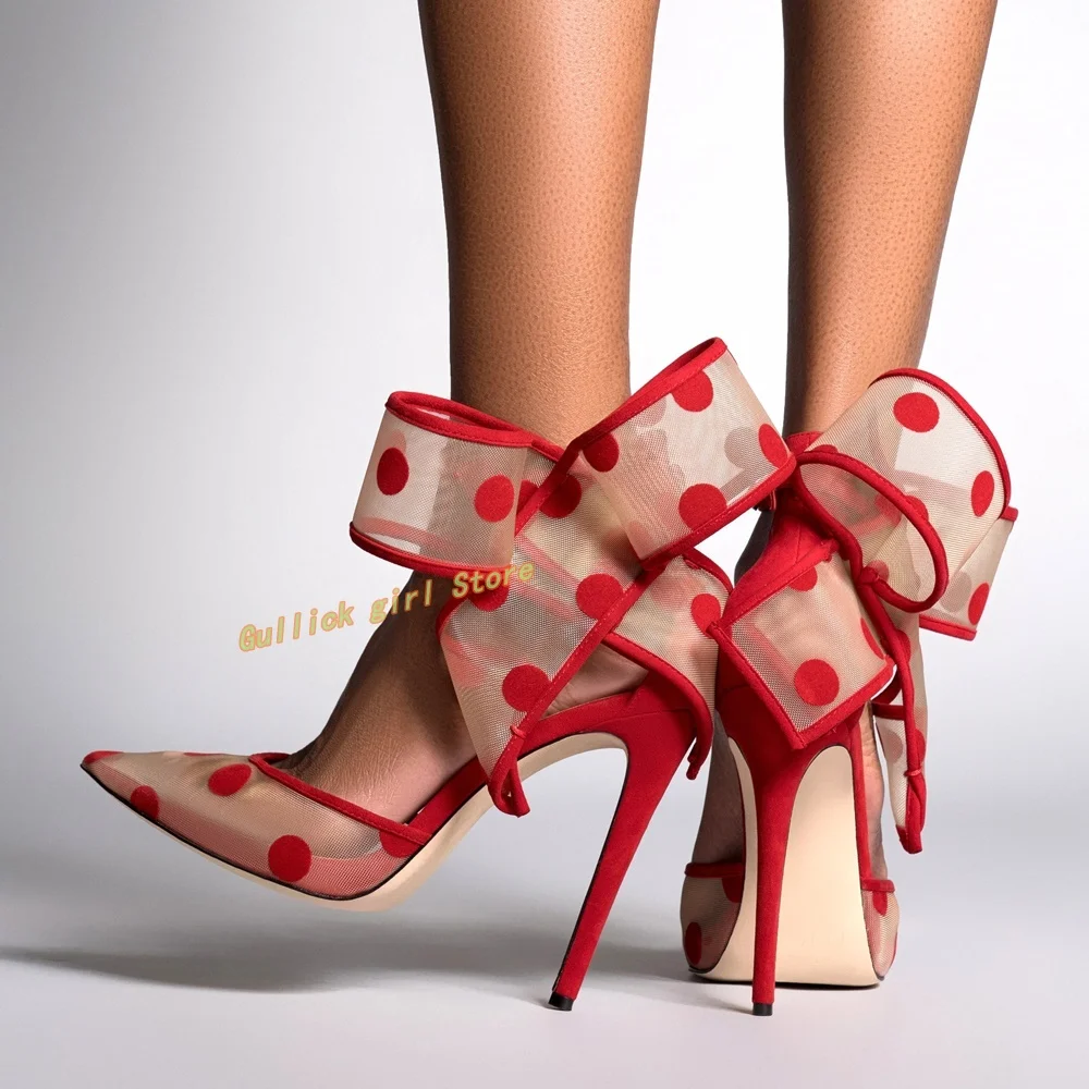 Air Mesh Red Polka Dot Pumps Ankle Buckle Strap Sexy Pointed Toe Fashion 2024 Spring Women Dress Shoes