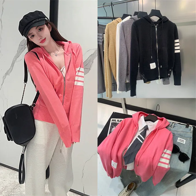 

High-End Wool Version Double Zipper Four Bar Loose Hoodie Jaet Anti-Aging Pink Knitted Open Cardigan Top for Women