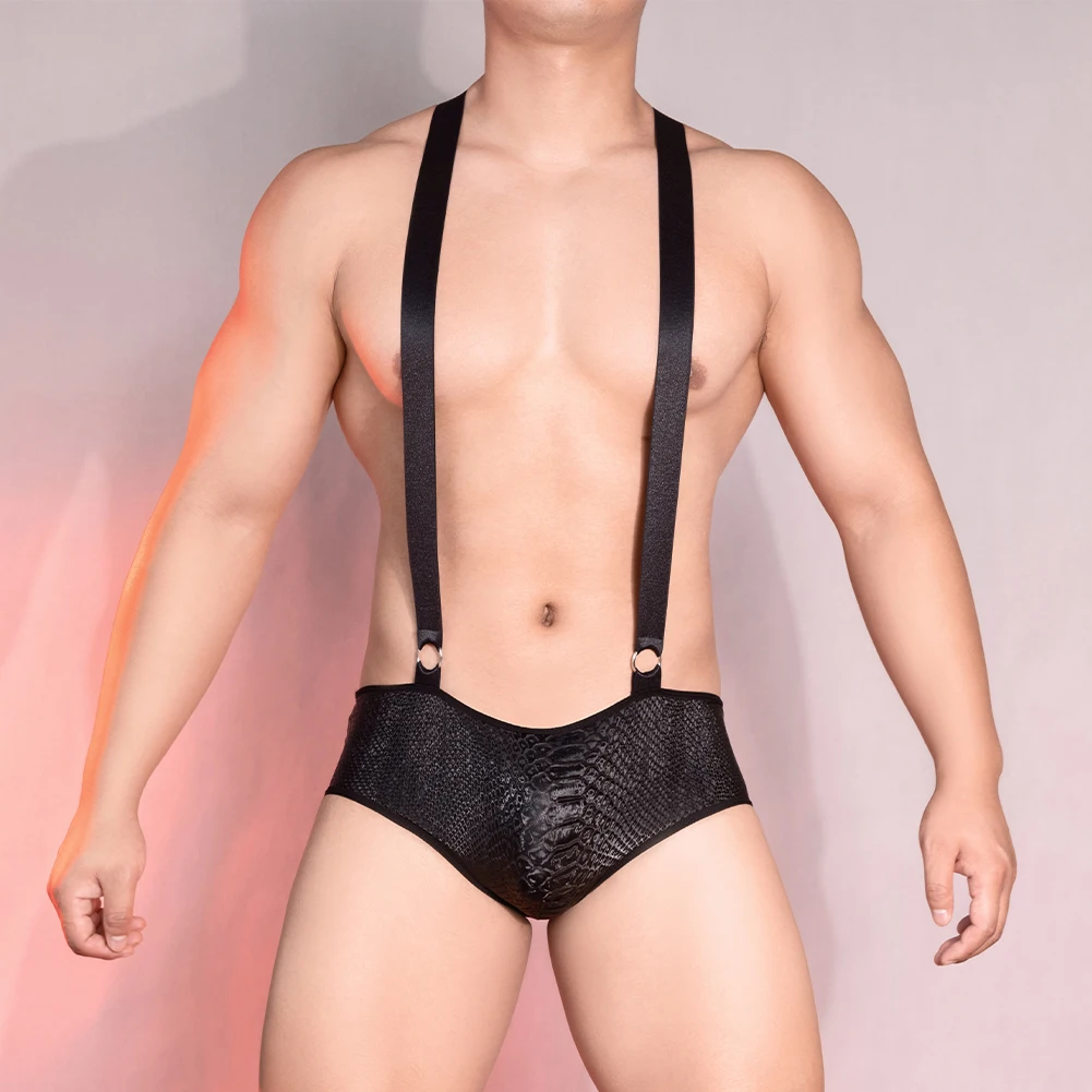 

Mens Sexy PU Embossed Leather Cross Strap Leotard Bodysuit Jockstrap Body Chest Harness Jumpsuits Underpants Erotic Male Boxers