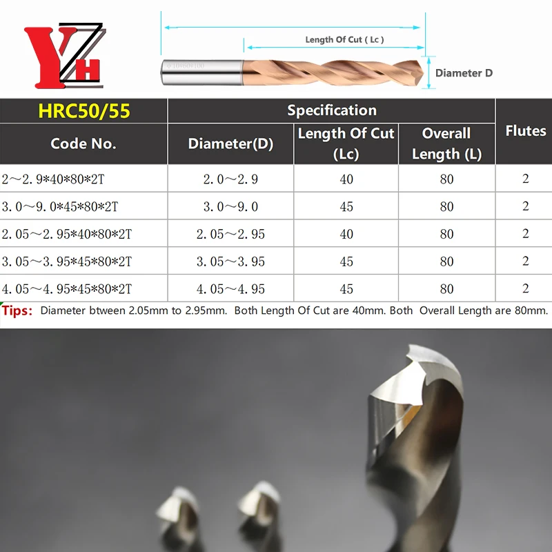 YZH 80L Carbide Twist Drill Diameter 2~9mm Total Length 80L Tungsten Bit HRC50/55/65 CNC Straight Handle Drilling Hole For Metal