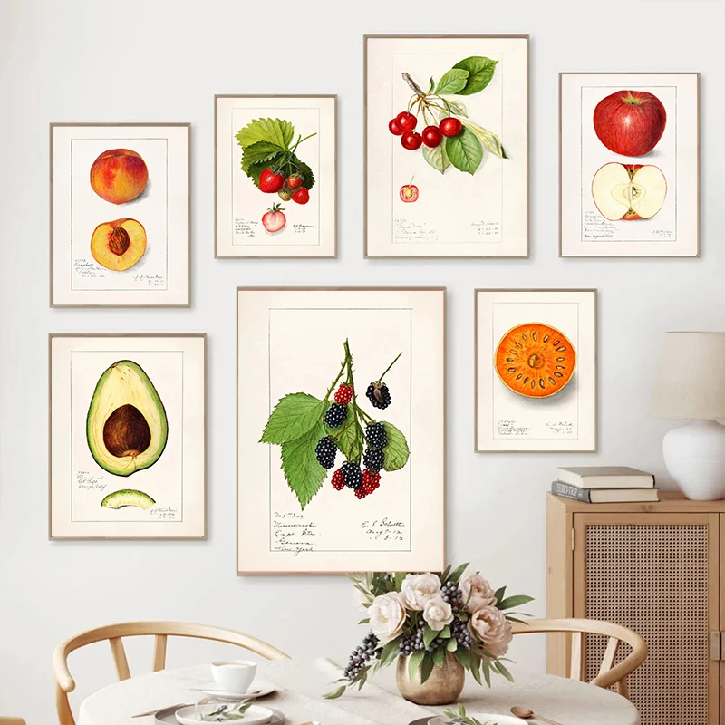 1PC frameless decorative art print,Vintage Retro Fruit Poster Avocado Strawberry Scandinavian Canvas Painting Wall Art Posters P