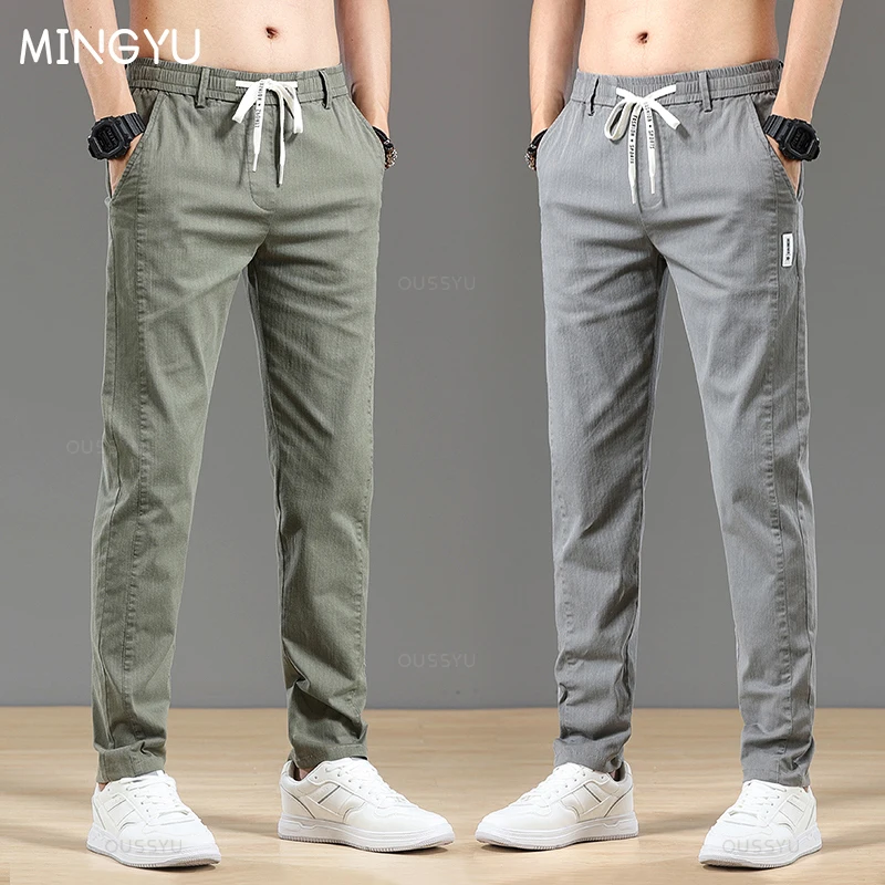 

Spring Summer Cottom Men's Pants Fashion Classic Drawstring Elastic Waist Jogging Stretch Casual Grey Cargo Trousers Male 28-38