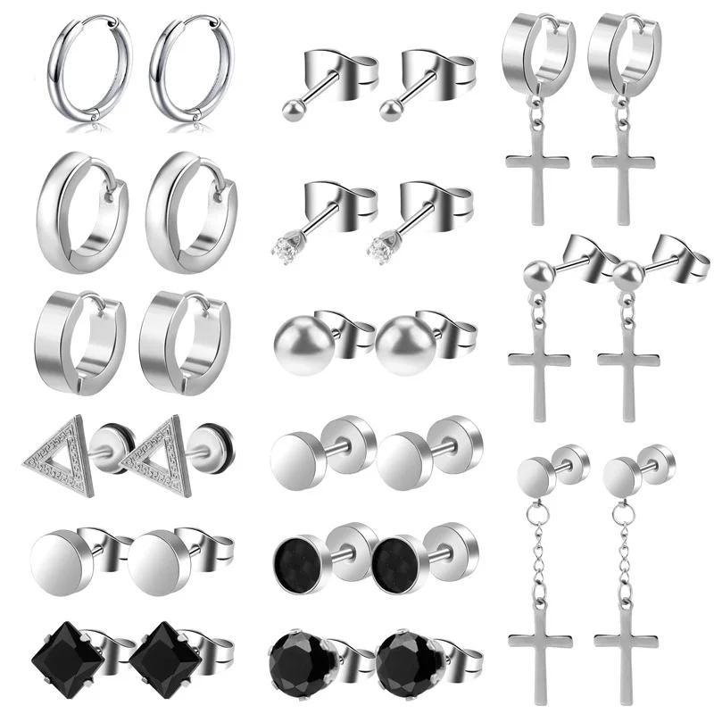 

15 пар модных серег, оптовая продажа, серьги-гвоздики из нержавеющей стали, мужские гантели, черный обруч, крест, кулон, ювелирные серьги