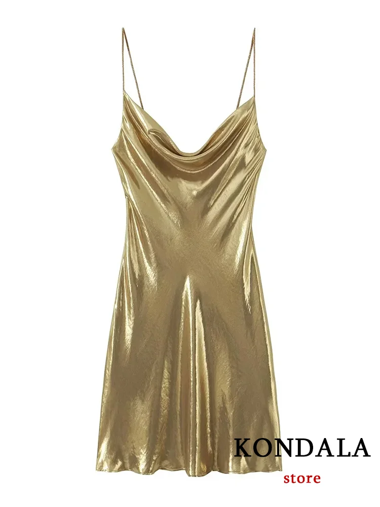KONDALA Sexy Solid Golden Party Women Dress senza maniche con scollo a V Cami Metal Dress New Fashion 2023 Autunno Evening Night Club Dress