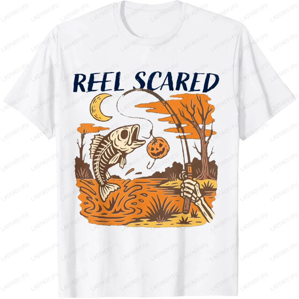 Reel Scared Halloween Scary Night Fishing Printed T-shirt Horrible Skeleton Fishbone Pumpkin Graphic T Shirts Woman Men Tops