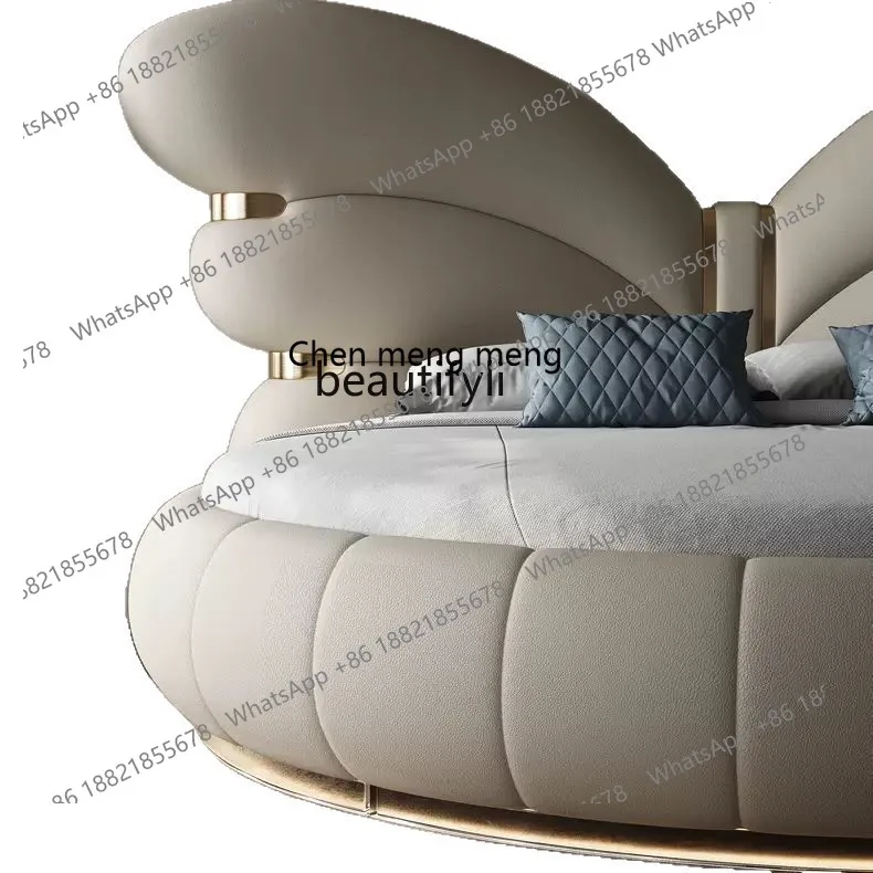 X Modern light luxury leather bed, luxury master bedroom big bed, new, big round, double bed