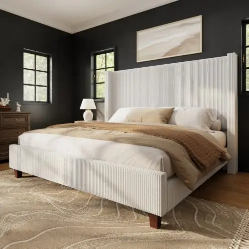 Queen Size Bed Frame with 50.8 Inch Corduroy Wingback Headboard, Cream | Modern Upholstered Platform Bed, Solid Wood