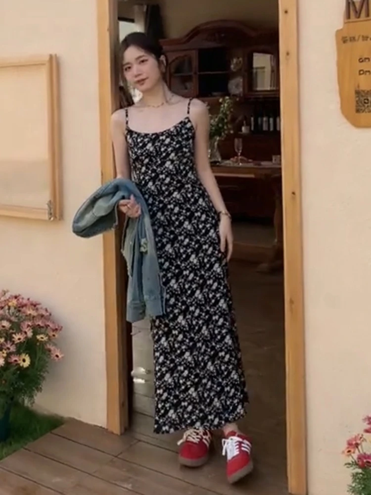 

Черная юбка макси с цветочным принтом в стиле ретро для летнего отдыха, женская модная юбка с высокой талией, однотонная, для чаепития