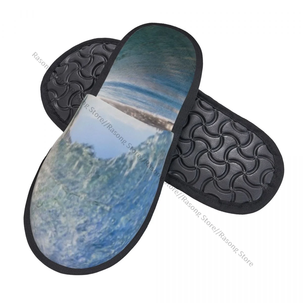 Winter Women Men Non-Slip Flat Slippers Inside Hollow Crashing Morning Waves Energetic Summer Surf Indoor Fur Soft Warm Shoes