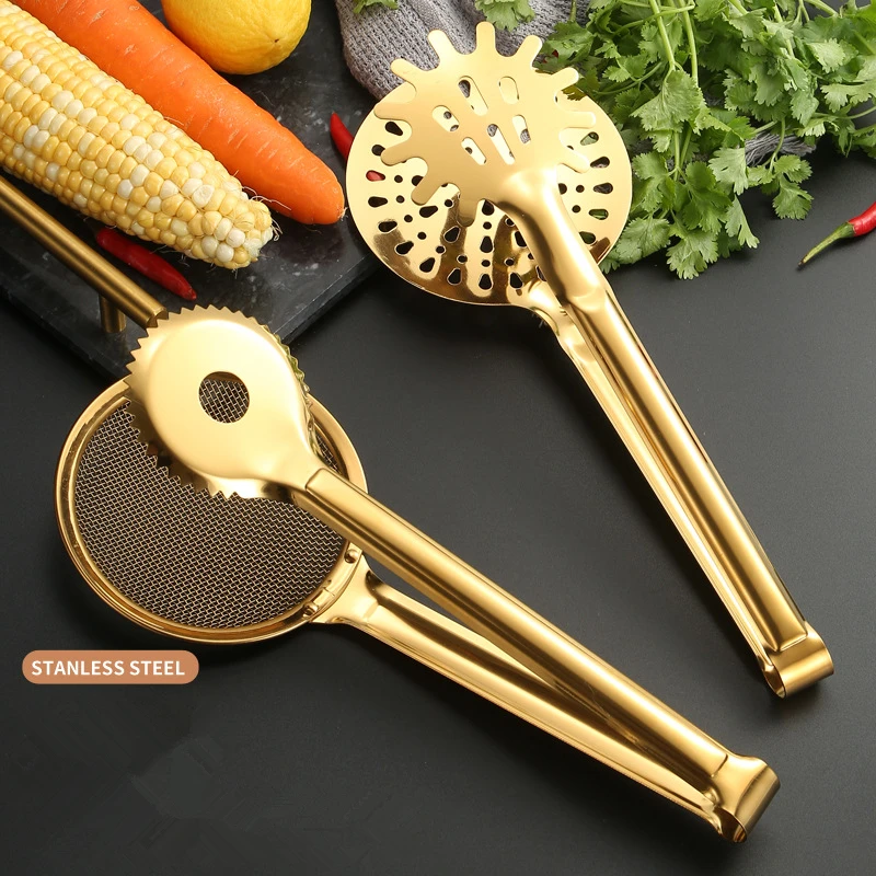 

Gold Stainless Steel Serving Tongs Oil Filter Spoon Mesh Kitchen Tools Strainer Colander for Snack Barbecue Steak Salad Clamp