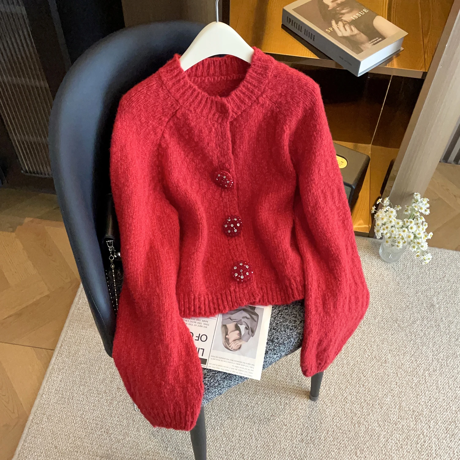 

Классический вязаный кардиган с открытым передом, мягкий, с бахромой, красный, привлекающий богатство, весенняя новинка, элегантный, с длинными рукавами, укороченный